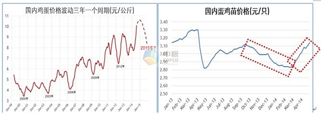 圖示2：國內雞蛋長周期及蛋雞苗價格(來源：中糧期貨投資咨詢部數據庫系統)