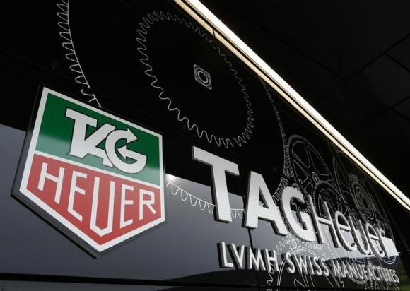 The Tag Heuer logo is seen at the entrance of their new watch manufactory in Chevenez