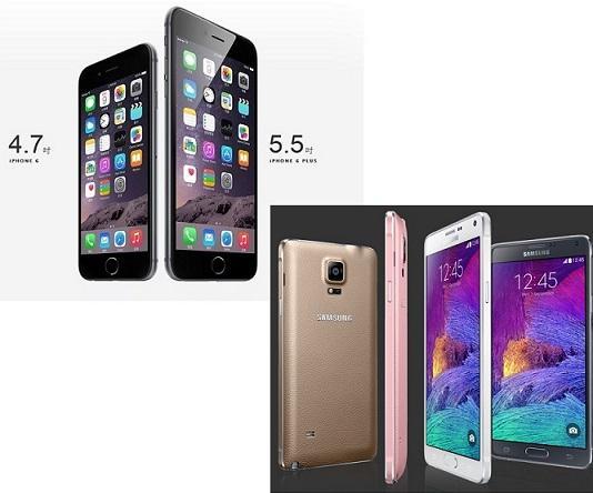 蘋果的iPhone 6、6 Plus（左）和三星 Galaxy Note 4（右）。（圖：官網）