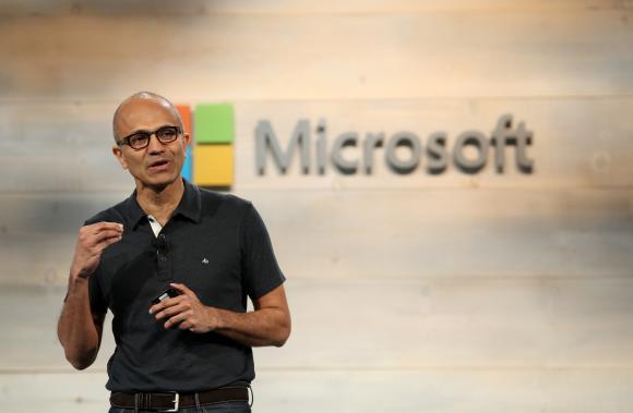 Microsoft CEO Nadella speaks during a Microsoft cloud briefing event in San Francisco