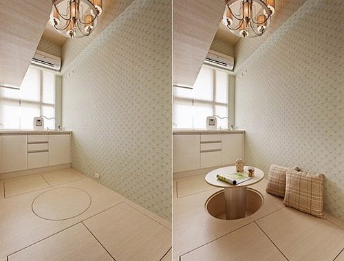 和室一坪大地空間可隨意變身遊戲間、客房甚至廚房，為配合視覺比例，刻意挑選直徑較小地70公分圓桌，升降而起地巧緻檯面放上臺