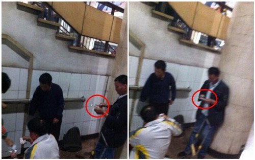 據網友爆料，2014年11月26日，網友在北京地鐵二號線復興門站遇到幾個乞討的男子正在數錢算收入，其中的一名男乞丐掏出了iphone6為其數錢的同伴拍照留念。