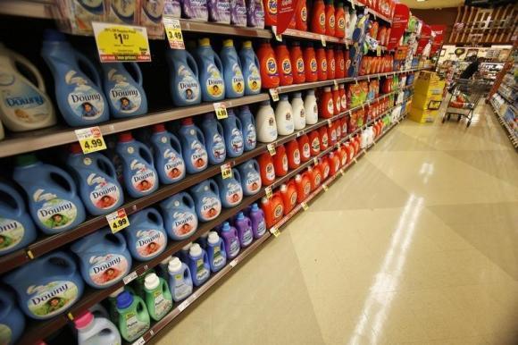 Downy softener and Tide laundry detergent, products distributed by Procter & Gamble, are pictured on sale at a Ralphs grocery store in Pasadena