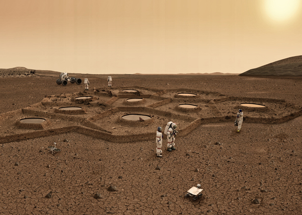 機器人先於人類飛抵火星，將火星上的玄武岩基岩的孔開大，選擇那些天然的獨特的六角形岩石進行開采，並將岩石的內部采空。