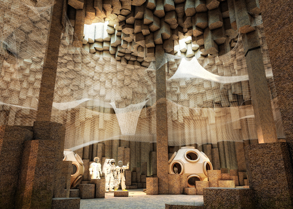 機器人在洞穴內部創建網絡式的結構，同時將玄武岩擠壓、溶解成塊，是之成為便利的燃料纖維，同時，這些纖維也可以取代地球上傳統的建筑材料，使用這些可在火星上搭建人類的新家。