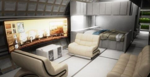 這是一名藝術家描繪的太空艙內的居住空間。通過擷取火星土壤中的冰粒可以為人類提供水，一部分水分解后可以提供氧氣，太陽能電池將用於發電。