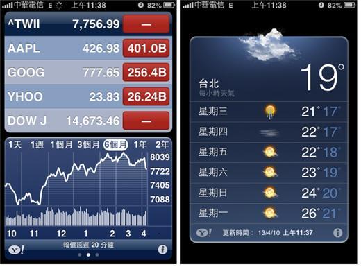 iPhone內建的雅虎財經和氣象app