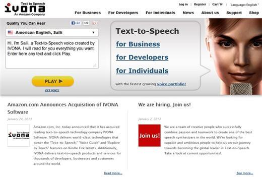 語音技術公司 Ivona Software官網，左下有亞馬遜收購消息。