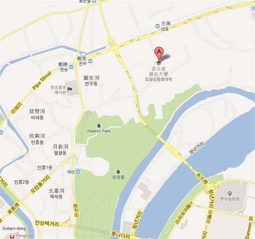 平壤地圖，圖上標示處為稍早施密特拜訪的金日成綜合大學地點。