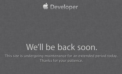 蘋果開發者平台Development Center關閉維修公告。