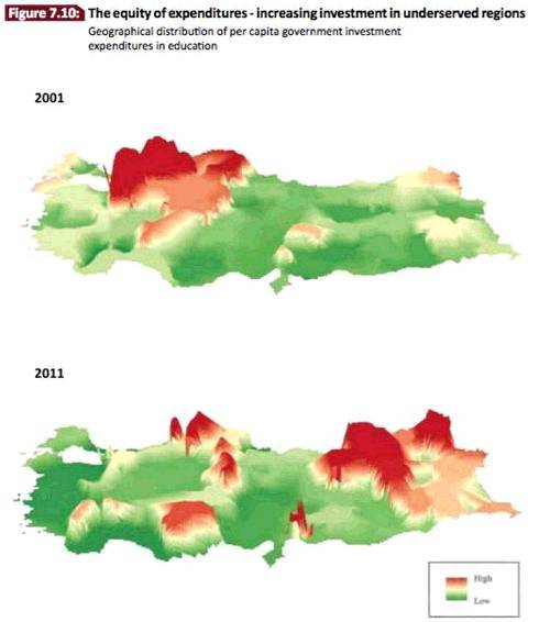 圖三：土耳其政府教育投資的地區分布（紅色為高，綠色為低），數據來源：世界銀行（2014）
