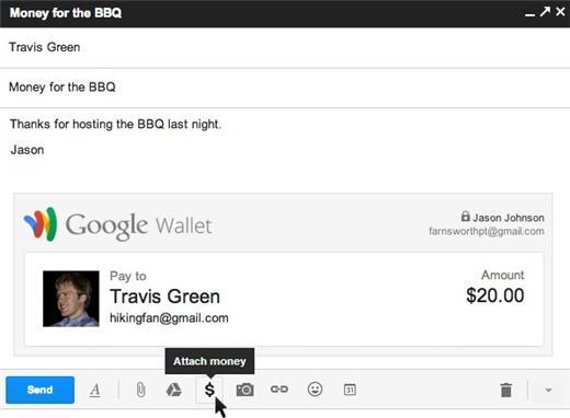 Gmail可夾帶金錢寄給友人