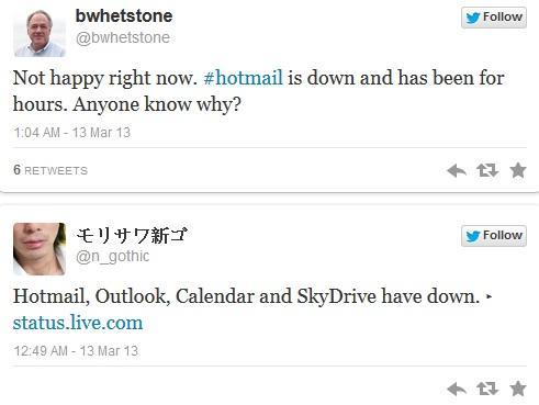 用戶於推特上回應Hotmail等雲端服務無法使用。(圖：TechCrunch)