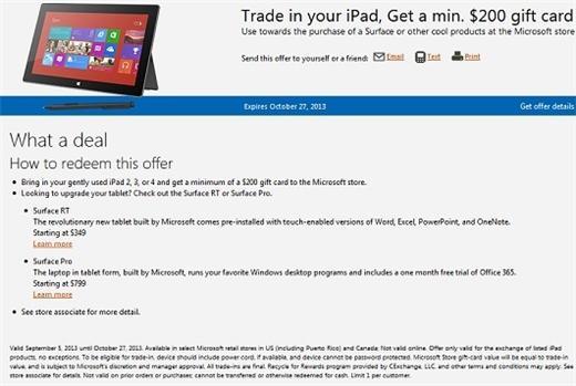 微軟宣布推出iPad舊換新方案，交換最少200美元禮券，鼓勵用戶買Surface。(圖：官網)