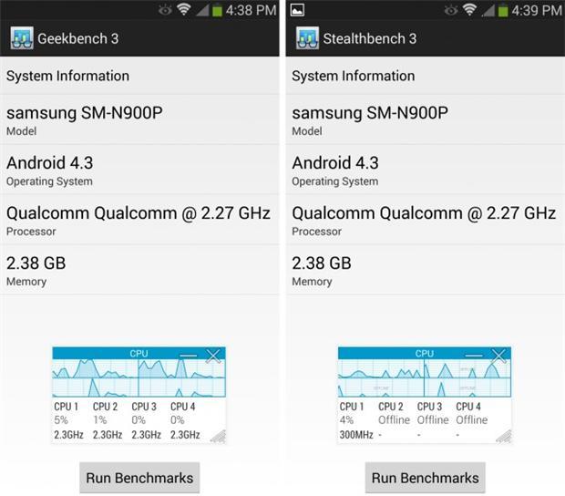 軟體改名之後，Note 3 的CPU 就沒有全速運行(右)。（圖擷取自Ars Technica）