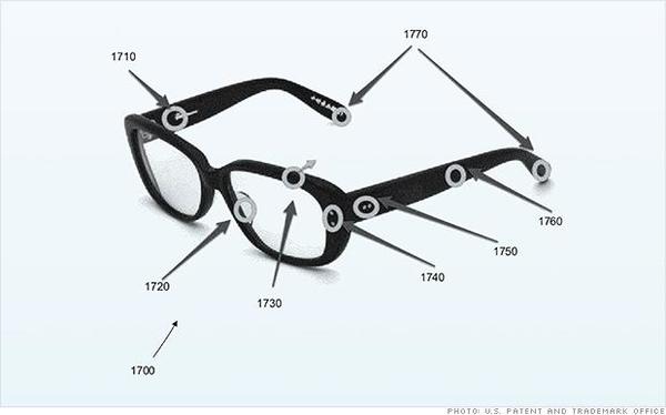 蘋果智慧型眼鏡專利圖。(圖：《CNNMoney》取自美國專利商標局)