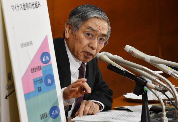 日本央行總裁黑田東彥在記者會上解釋「三層式利率系統」　圖片來源：afp