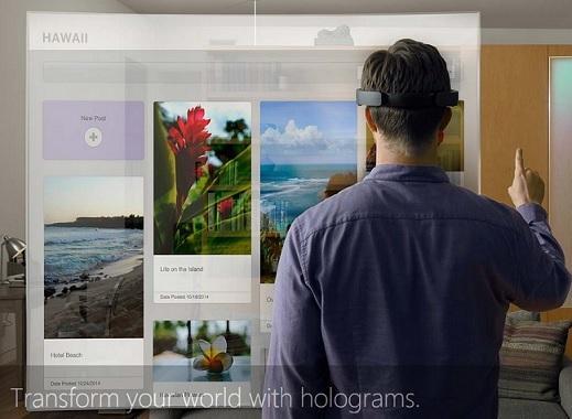 微軟虛擬實境穿戴式設備「HoloLens」官網截圖。