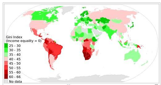 圖四：全球各國吉尼係數分佈圖，摘自維基百科公開網頁