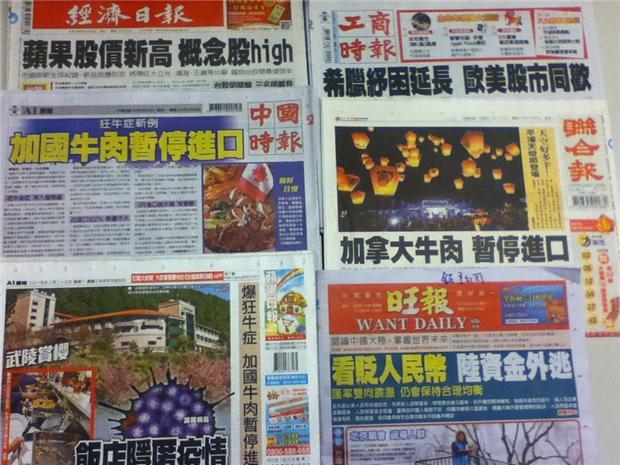 台灣主要報紙頭條要聞