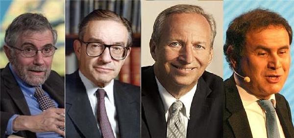 (左起)克魯曼、葛林斯班、桑默斯、魯比尼，誰是地表最強經濟預測員？(如：網路)