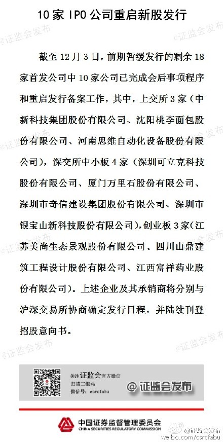 證監會：10家ipo公司重啟新股發行