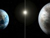 科學家推測kepler 452b是一顆類地行星，因為它所圍繞的恒星比太陽大，且與恒星的距離和地球相似，這顆行星或許已經開始進入失控的溫室效應階段。未來很可能成為一顆“超級金星”。圖為地球與kepler-452b的大小比較。