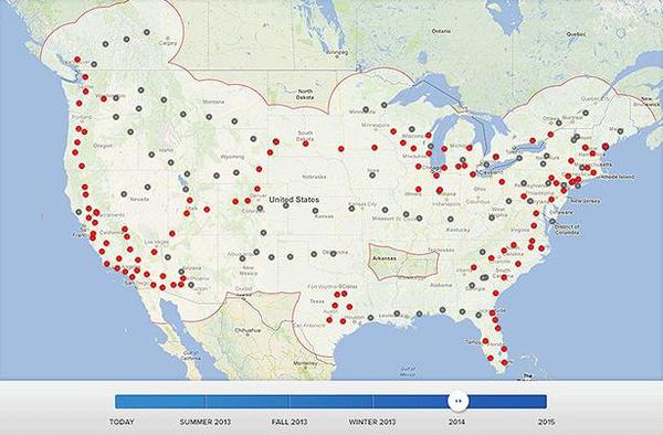預訂於 2014 年完成的充電站數量。(圖片來源：特斯拉官網)