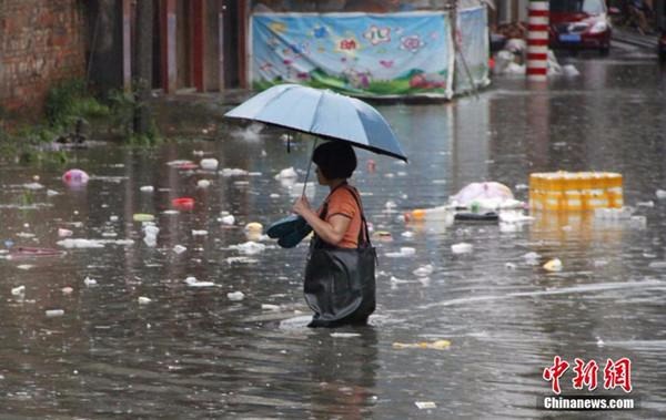 6月14日淩晨廣西柳州強降雨造成全城多處被淹，部分公交車停運，學校停課。  圖片來源：中新網