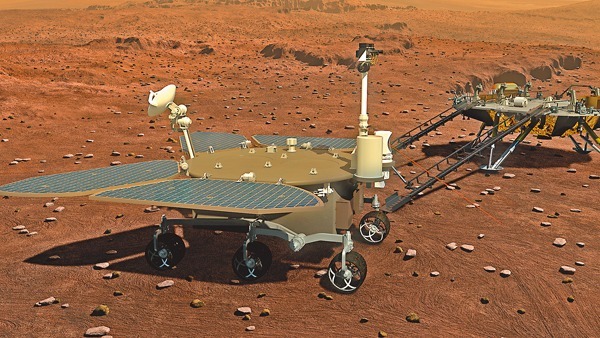 火星車(左)駛出着陸器後進行火星巡迴探測。  圖片來源：香港文匯報