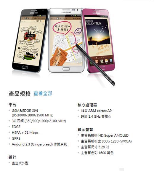 圖片：目前Galaxy Note的規格