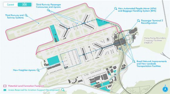 香港國際機場研擬興建第三條跑道 (圖上方紅線區塊)  (取自維基百科)