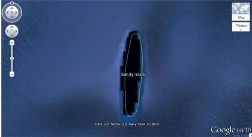 Google Earth上顯示珊迪島介於澳洲和之間。