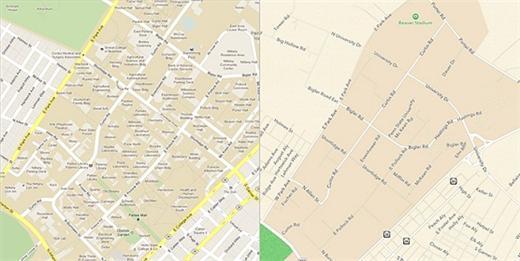 Google Maps（左）和Apple Maps（右）的地圖服務精細度差異。(圖取自AppleInsider)