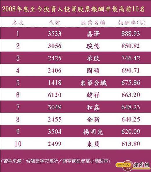 2009台股投資報酬率前10