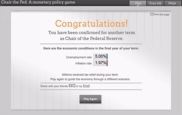 遊戲獲勝即可獲得Fed主席的連任機會！　圖片來源：Chair the Fed