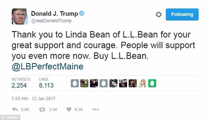 川普推文:感謝里昂比恩及 Linda Bean 的極大支持與勇氣。人們將會更加支持你,快買里昂比恩。(@realDonaldTrump)