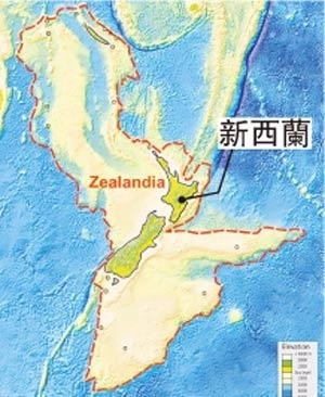 科學家稱，澳洲東部有一紐西蘭洲，其94%面積(圖中紅框)沉於海底；紐西蘭則為露出水面的部分。 圖片來源：香港明報