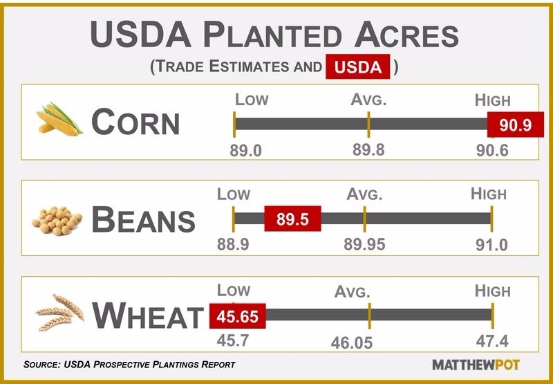 紅：USDA預估之黃豆、玉米、小麥種植面積　灰：市場預估之黃豆、玉米、小麥種植面積　圖片來源：Matthew Pot