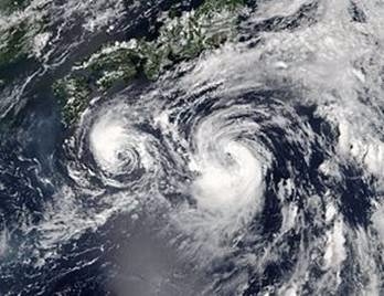 (圖四：兩颱風同時襲擊威力是1加1大於2，藤原效應、維基百科)
