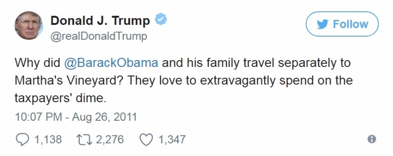 川普 2011 年發表推特，「歐巴馬和他的家人為什麼要分別飛至瑪莎葡萄園島？因為他們喜歡揮霍納稅人的錢。」圖片來源：川普推特