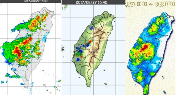 ▲27日「帕卡」外圍雲系造成台東及恒春半島有較明顯的降雨(右圖)。午後對流發展旺盛(左)，伴隨密集的閃電(中)，西半部有局部大雨或豪雨，南投集集超過200毫米為最多(右)。（圖／翻攝自洩天機教室）