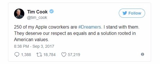 庫克推文支持DACA (圖截取自庫克推特)