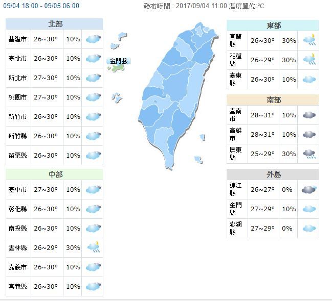 ▲4日晚間至5日清晨全台天氣預報。（圖／翻攝自中央氣象局）