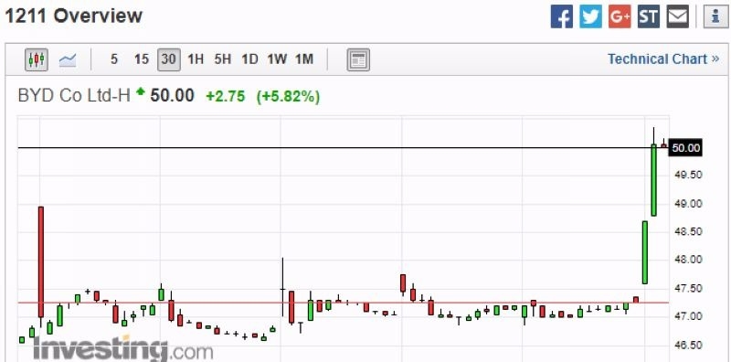 比亞迪股價 30 分鐘走勢圖 圖片來源:investing.com