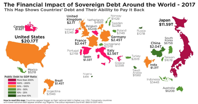 深紅和粉紅標示的國家債務占GDP比重超過100%。（圖：HowMuch.net網站 ）        
