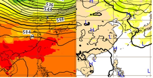 ▲據27日歐洲預報模式顯示，中層太平洋高壓籠罩下，大氣的沉降增溫作用，致使昨日低層大氣明顯增暖（左圖）。另，歐洲預報模式也顯示，今（28）日晚間鋒面及東北風將抵達但強度不強（右圖）。（圖／翻攝自「洩天機教室」）
