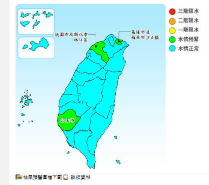 ▲雖鋒面過境帶來降雨，不過由於強度以及持續時間都不夠，無法為基隆、桃園以及台南解渴，水情燈號仍維持稍緊綠燈。（圖／翻攝自水利署網站）