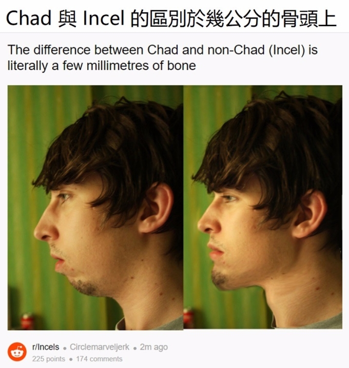 Chad 與 Incel 的區別在於幾公分的骨頭上 / 圖：reddit