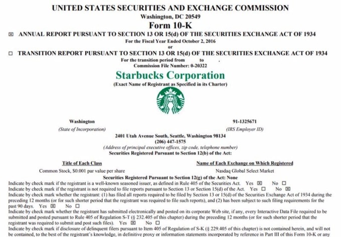 10-K 財務年報，為企業給美國證管會 (SEC) 的正式財報，內有公司運作狀況的詳細描述。資料來源│Starbucks